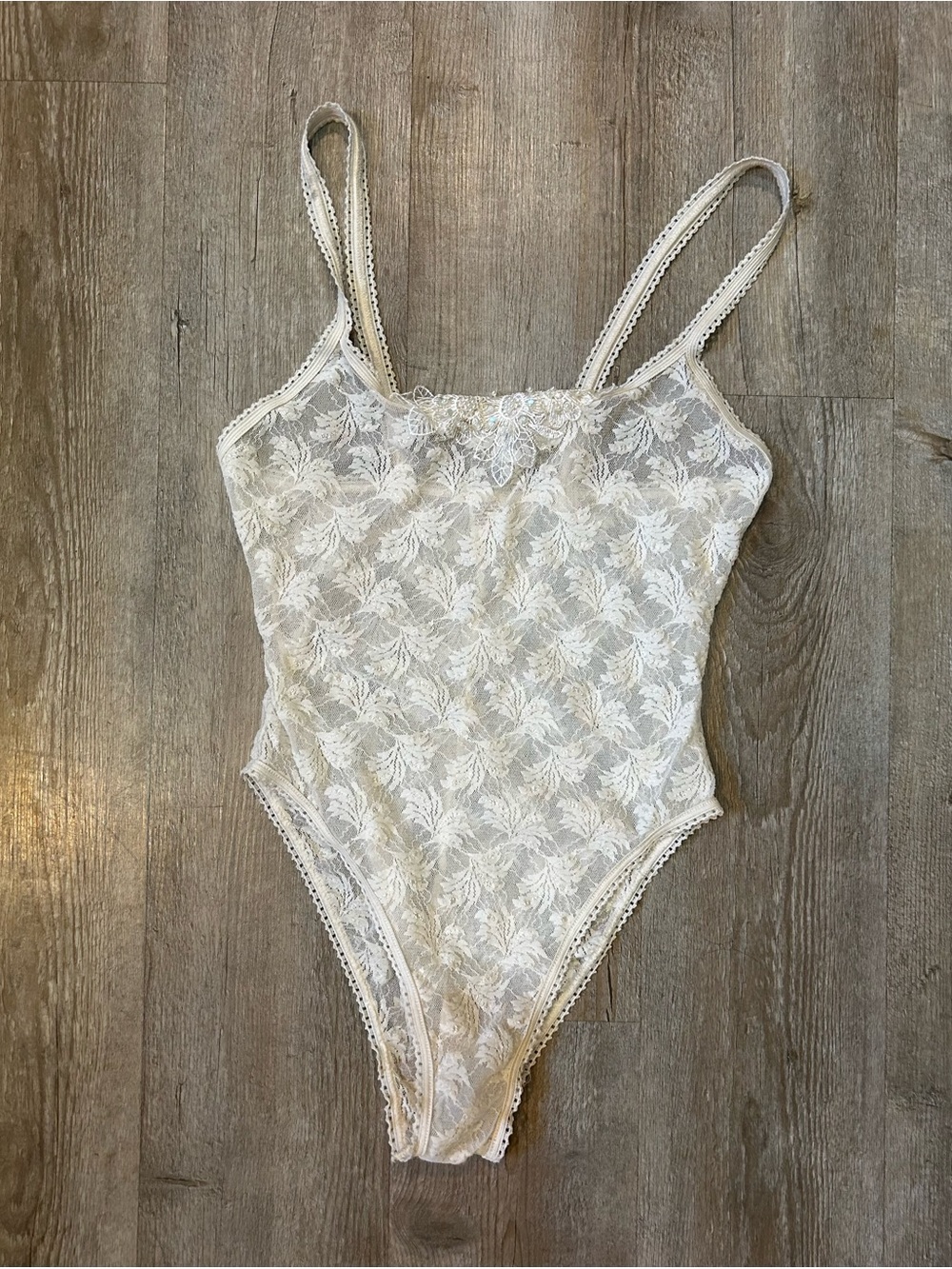 VTG Petra Fashions Cream Lace Teddy Bodysuit Lingerie Beaded SZ M